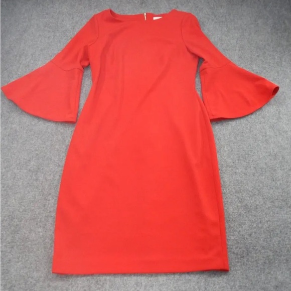 Calvin Klein 3/4 Bell Sleeve Boat Neck Sheath Dress Red Size 10 - Picture 4 of 10